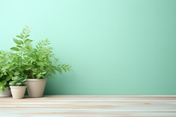 Mint Green background with a wooden table, product display template. mint green background with a wood floor