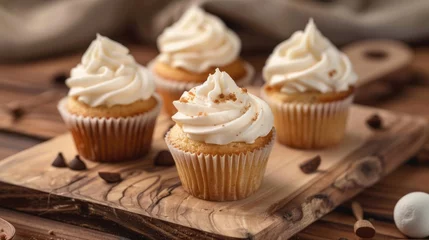 Gordijnen Three cupcakes with white frosting on a wooden board. Perfect for bakery or dessert concepts © Ева Поликарпова