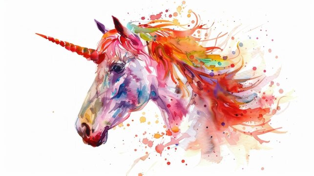 Majestic Unicorn with Rainbow Mane Watercolor Painting Fantasy Animal Art Print for Kids Room Decor