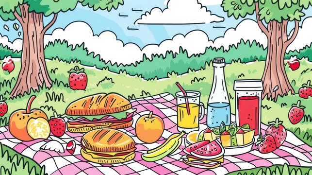 Food: A coloring book page depicting a picnic scene with sandwiches, fruits, and drinks