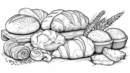 Food: A coloring book page showcasing different types of bread, including baguettes, croissants, rolls, and loaves