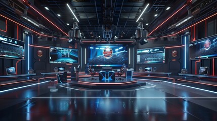 A futuristic 3D render of a sports broadcast studio  AI generated illustration