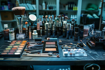 A professional makeup artist's desk with various cosmetic products and tools neatly arranged