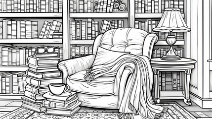 Hobbies & Relaxation Coloring Book: A coloring page depicting a cozy reading nook with a comfortable chair