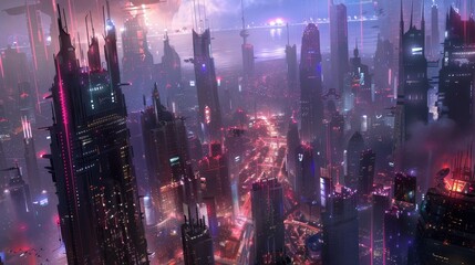 A futuristic cityscape with neon-lit mechs battling it out in the sky  AI generated illustration - obrazy, fototapety, plakaty