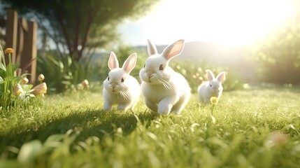 Cute Little Rabbits Running on Grass Field