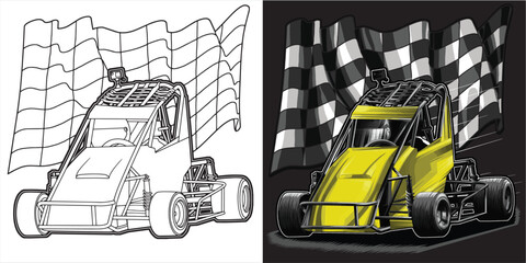 Outline and painted, Go kart. Isolated in black background, for t-shirt design, print, and for business purposes.