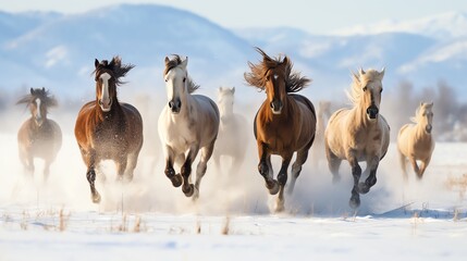 a group of horses running in the snow