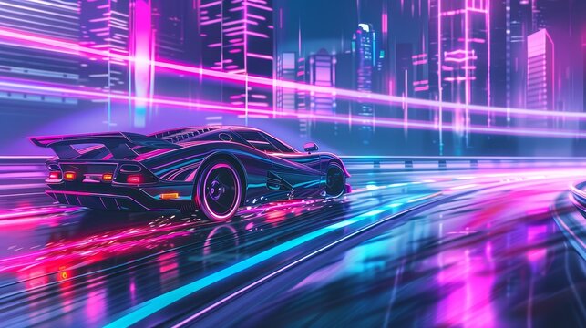 A futuristic sports car drifting through a neon-lit virtual reality city  AI generated illustration