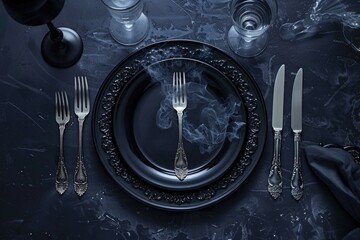 A stylish table setting with a black plate and silverware. Perfect for restaurant or kitchen-related designs - Powered by Adobe