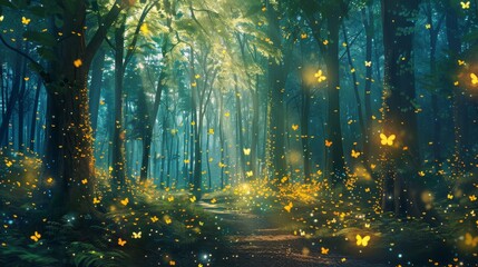 A magical forest with sparkling fireflies  AI generated illustration - obrazy, fototapety, plakaty