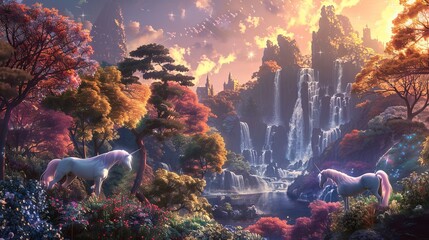 A magical unicorn forest with rainbow-colored trees and sparkling waterfalls  AI generated illustration - obrazy, fototapety, plakaty