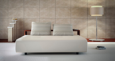 Modern bed frame in a furniture presentation - 3D visualization - 791713371