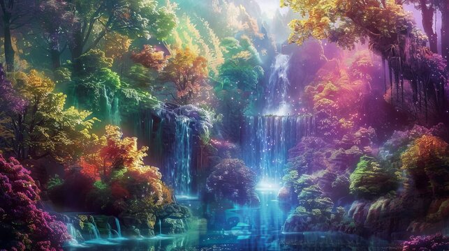 A magical unicorn forest with rainbow-colored trees and sparkling waterfalls  AI generated illustration