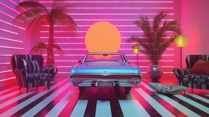 A Memphis-inspired design featuring a retro car with neon accents  AI generated illustration