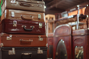 antique furniture and vintage clothing store, old suitcases, flea market background