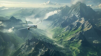 Aerial view of an airplane flying over majestic mountains, showcasing the breathtaking beauty of air travel. - obrazy, fototapety, plakaty