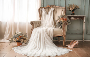 A white wedding dress draped over an armchair, with shoes and bouquet placed beside it in the room.