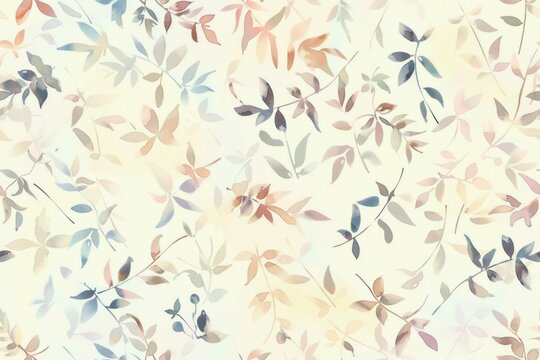 Botanical leaf and flower pattern on beige, pink, and blue background with intricate details and vibrant colors