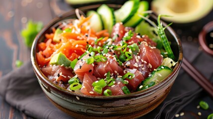 colorful poke bowl filled with fresh tuna sashimi, creamy avocado, and crunchy vegetables, drizzled with savory soy sauce and sesame seeds, a Hawaiian culinary delight. - Powered by Adobe