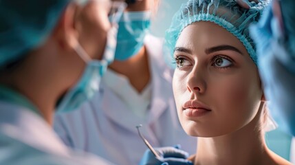 cosmetic surgeon examining a patient's facial profile before discussing potential jawline contouring options for a more defined and sculpted look. - obrazy, fototapety, plakaty
