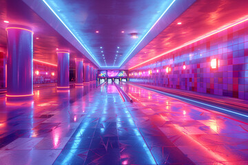 Modern Bowling Alley with Ball Rack and Neon Lights,
Bowling alley with neon lights and bowling ball in the middle of it  - obrazy, fototapety, plakaty