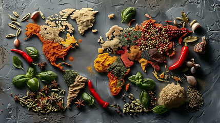 World map made of different spices on grey background, hyperrealistic food photography