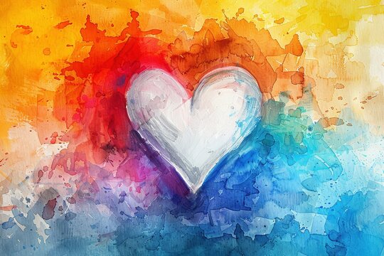 Loose watercolor brushstrokes depict a white heart, a symbol of love and purity, floating on a colorful rainbow backdrop.