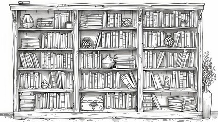 Objects: A coloring page of a sturdy bookshelf filled with books of various sizes and shapes