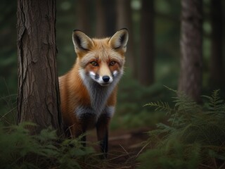 Naklejka na ściany i meble Forest Fugue: Red Fox Darts Through Thicket, Stealthy Predator Hunts in Whispering Woods