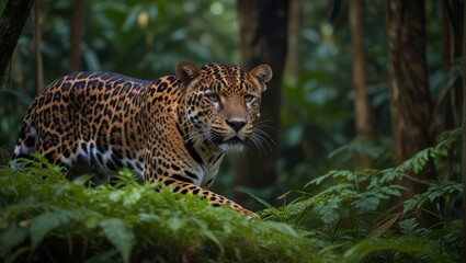 Fototapeta premium Jungle Jam: Jaguars Prowl Through Dense Foliage, Top Predator of Amazon Rainforest