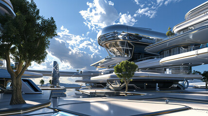 A high-tech modern home with sleek metallic surfaces and futuristic design elements, set on a sunny day.