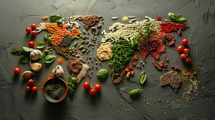 World map made of different spices on grey background, hyperrealistic food photography