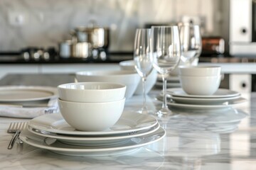 Fototapeta premium Elegant table setting with white plates and glasses, perfect for restaurant menus or event planning