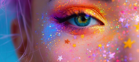 beautiful eyes make up, woman wearing glitter glow iridescent with star sticker eyeshadows  , Generative Ai - obrazy, fototapety, plakaty
