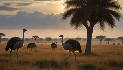 Savannah Serenade: Ostriches Strut Across Open Plains, Elegant Giants of African Grasslands - obrazy, fototapety, plakaty