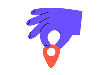 Hand drawn cute illustration hand with location pin or navigation mark. Flat vector arm holding landmark for map sticker in doodle style. Gps pointer icon. Delivery service. Strategy choice. Isolated