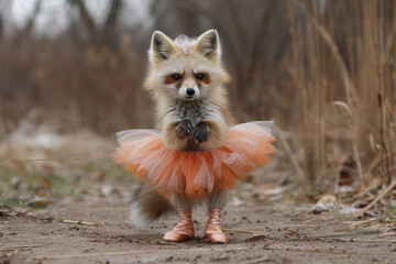 A furry friend dressed in a tutu and ballet slippers, performing a graceful dance pose.