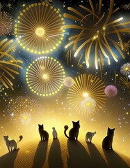 ファンタスティックな花火がキラキラ輝く星空を眺める猫