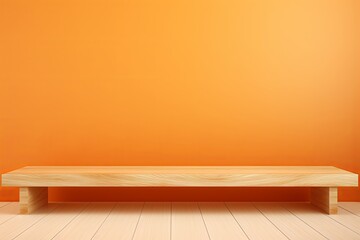 Orange background with a wooden table, product display template. orange background with a wood floor. Orange and white photo of an empty room for presentation