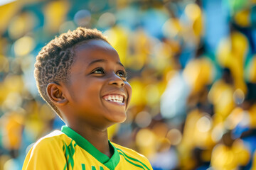 Jamaican football soccer fans in a stadium supporting the national team, little boy, The Reggae Boyz
 - obrazy, fototapety, plakaty