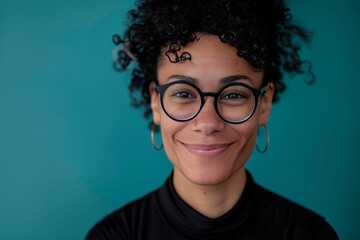 Smiling with Style: Person in Fashionable Glasses on Solid Background - obrazy, fototapety, plakaty