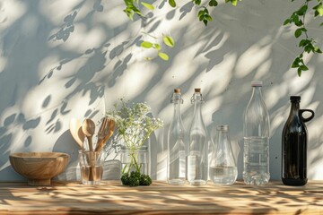 Set of assorted glass bottles and wooden utensils on table in front of wall
