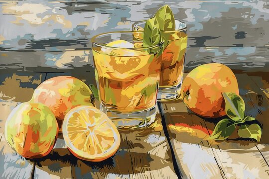 A vibrant painting of oranges with a refreshing glass of lemonade. Ideal for summer-themed designs
