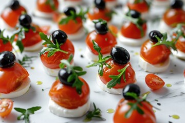 Fresh mini tomatoes and black olives on a white plate, perfect for food blogs or restaurant menus