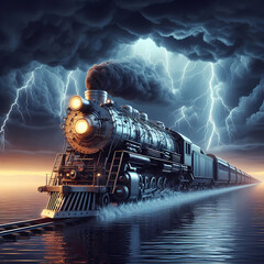 old steam train thunderstorm lake