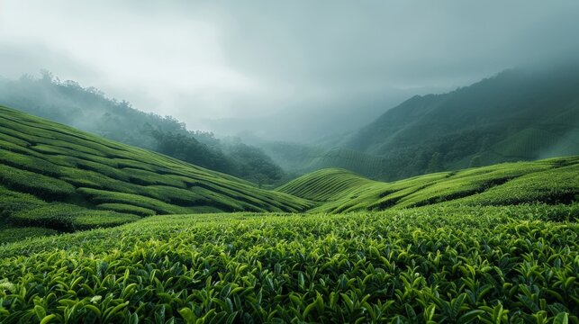 A tranquil tea plantation in the hills of Darjeeling, India.