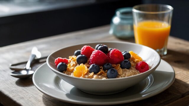 muesli with berries and yogurt, and cup of orange juise
