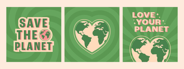 Ecology square poster templates in flat style. Save the planet and love your planet phrases. Vector illustration