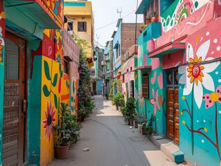 Fototapeta na wymiar A colorful street mural in an Indian neighborhood, adding vibrancy to the scene.